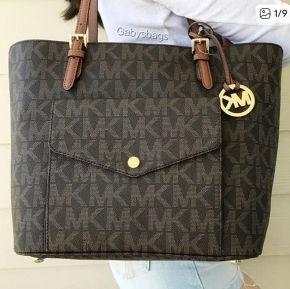 Michael Kors Jet Set Bag Purse 35S6GTTT3B Brown Tan Beige Cream Gold MK Logo - Picture 1 of 9